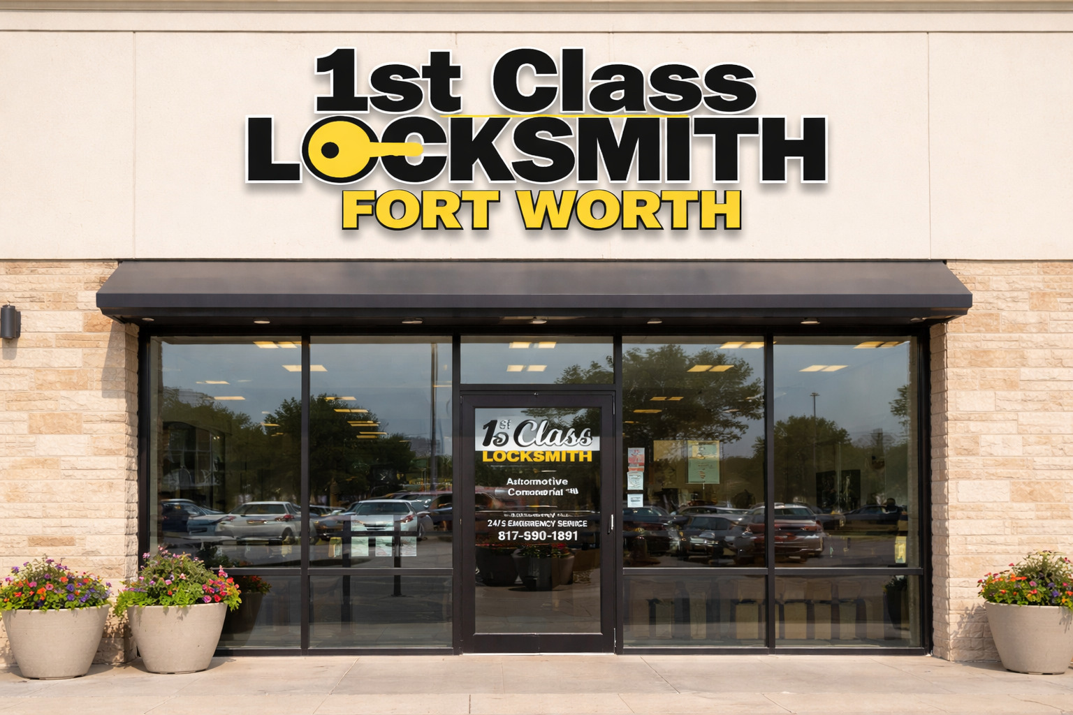1st Class Locksmith Fort Worth storefront location with branded signage in Fort Worth Texas
